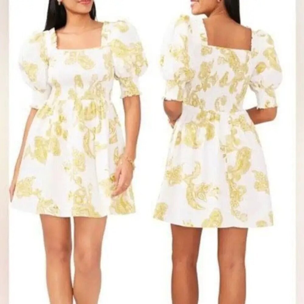 1. State White Green Paisley Print Puff Sleeve Smocked Mini Dress 37722 - Picture 9 of 9